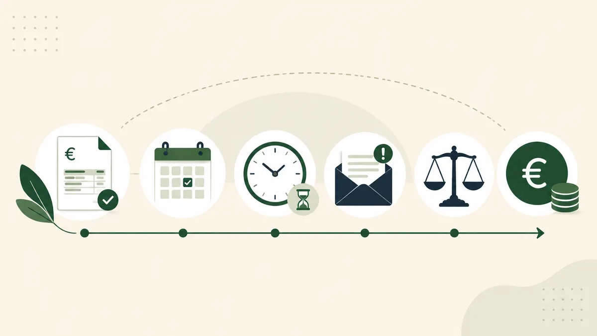 delai-recouvrement-creance-b2b-v2-1 Illustration représentant les principales étapes du délai de recouvrement d'une créance B2B : facture, échéance, relance, action judiciaire et paiement.